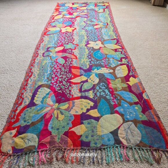 NWOT 100% Wool Woven Scarf Butterfly Flowers Colorful Vibrant - Picture 8 of 12